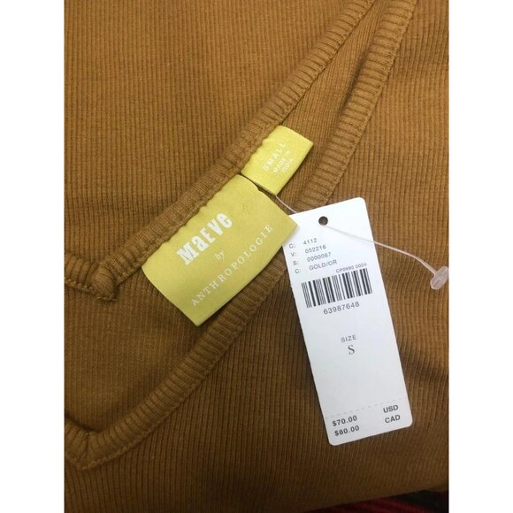 Maeve Anthropologie Puff-Sleeved Blouse Top Ribbed Tie Cuff Gold S NWT 283434 - Picture 7 of 7